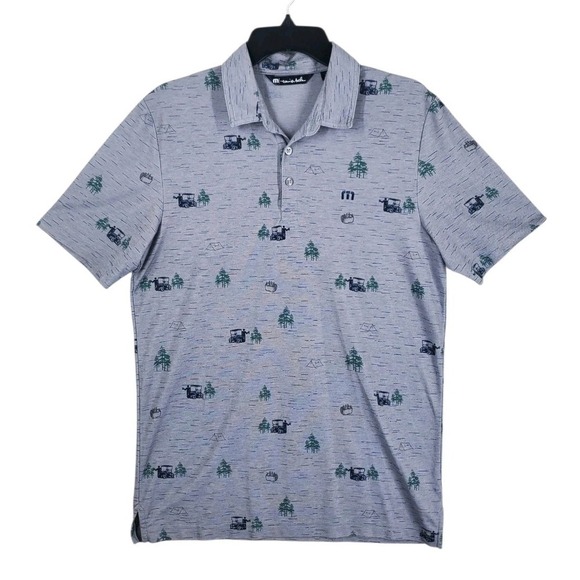 Travis Mathew Outfresh Polo Shirt Mens M Golfcart Beer Tent Pines AOP SS - Picture 1 of 9